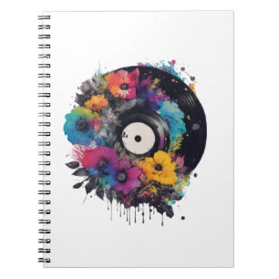 Vinyl record with colourful flowers notebook