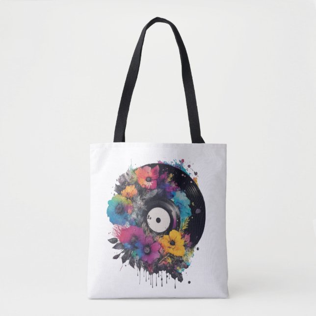 Vinyl record with colourful flowers tote bag (Front)