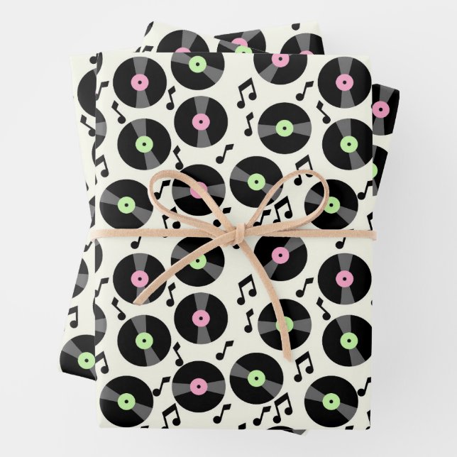 Vinyl Records and Music Notes Pattern Wrapping Paper Sheet (In situ)