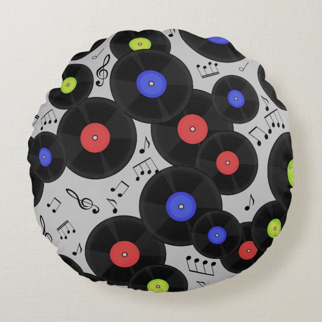 Vinyl Records: Music Note Pattern Round Cushion (Front)