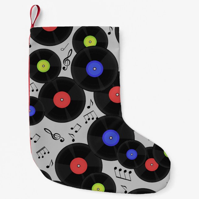 Vinyl Records: Music Note Pattern Small Christmas Stocking (Front)