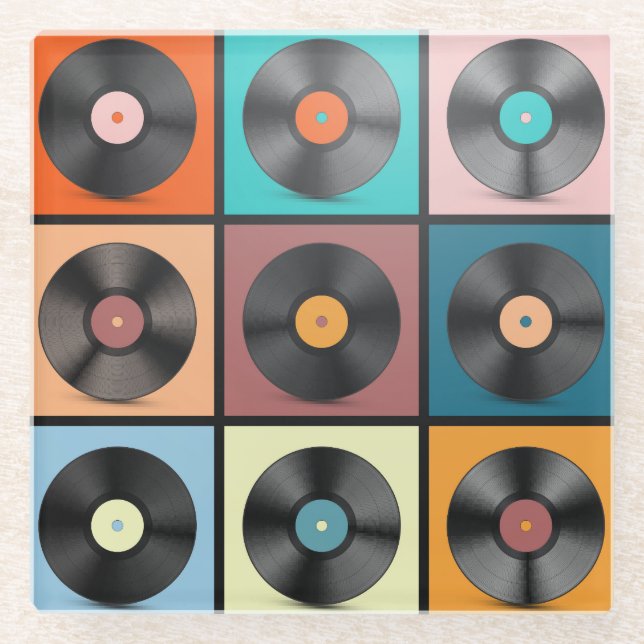 Vinyl records: retro LP set. Glass Coaster (Front)