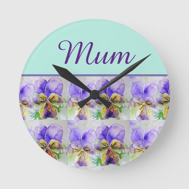 Viola Flower Aqua Stripe floral Mum Mothers Day Round Clock (Front)