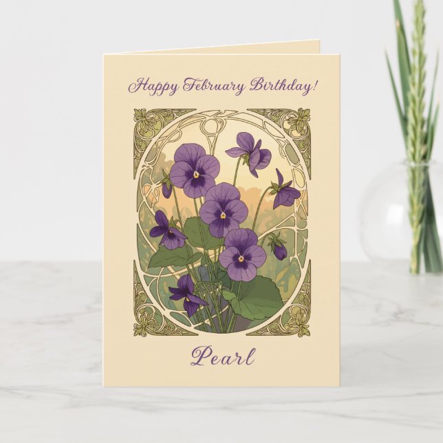Viola Flowers February Birthday Art Nouveau Style Card (Front)