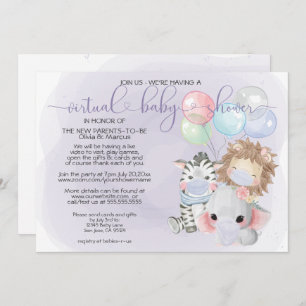 Violet 3 Cute Animals in Masks Virtual Baby Shower Invitation