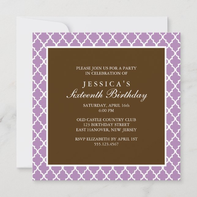 Violet and Brown Elegant Quatrefoil Birthday Invitation (Front)