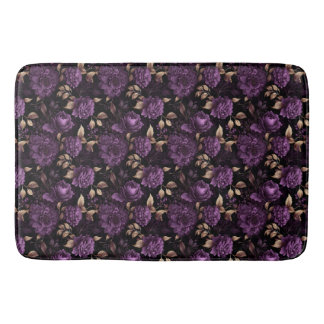 Violet And Gold Dark Gothic Botanical Pattern Bath Mat