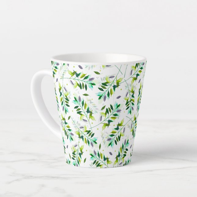 Violet and Green Watercolor Botanical Leaves Latte Mug (Left Angle)