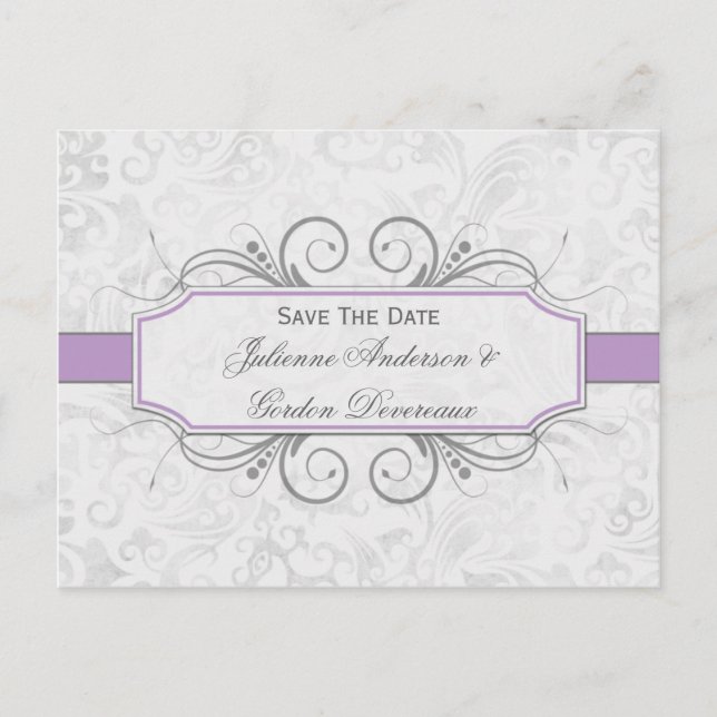 Violet and Grey Damask Save The Date Announcement Postcard (Front)