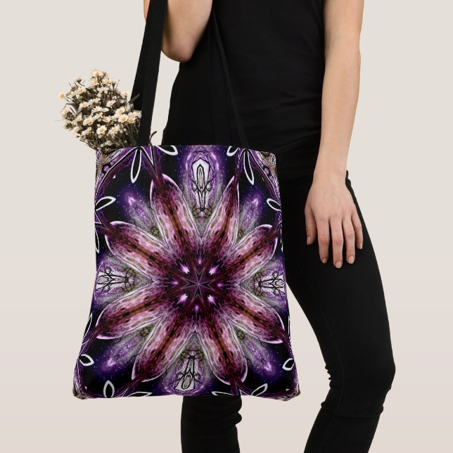 Violet and Magenta Cosmic Flower Kaleidoscope Tote Bag (Close Up)