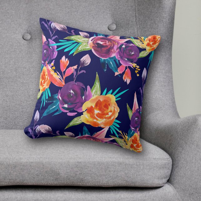 Violet and Orange Floral on Navy Blue Cushion (Creator Uploaded)