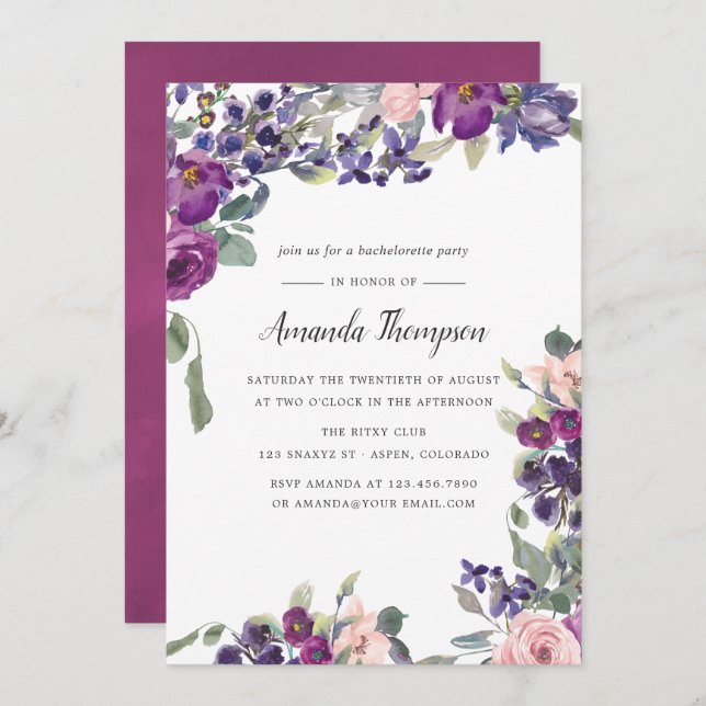 Violet and Plum Floral Bachelorette Party invite (Front/Back)