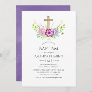 Violet and Plum Floral Baptism or Christening Invitation