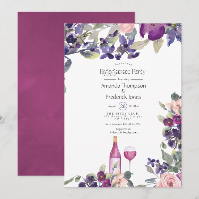 Violet and Plum Floral Bridal Shower Wine Tasting Invitation (Front/Back)