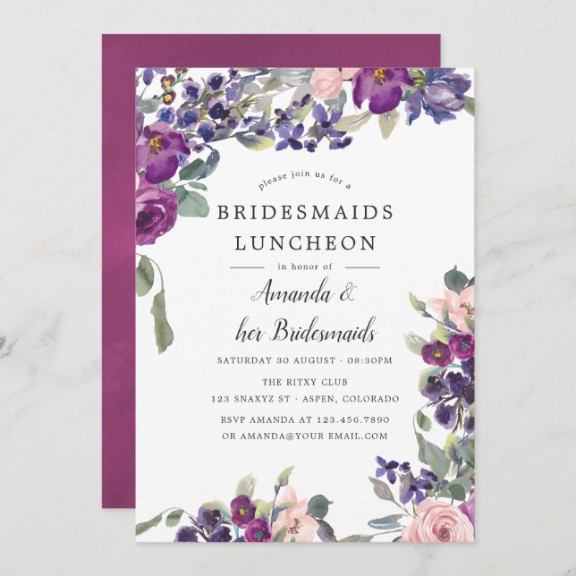 Violet and Plum Floral Bridesmaids Luncheon Invitation (Front/Back)