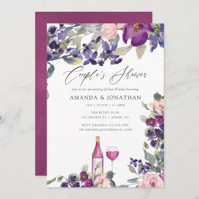 Violet and Plum Floral Couples Shower Wine Tasting Invitation (Front/Back)