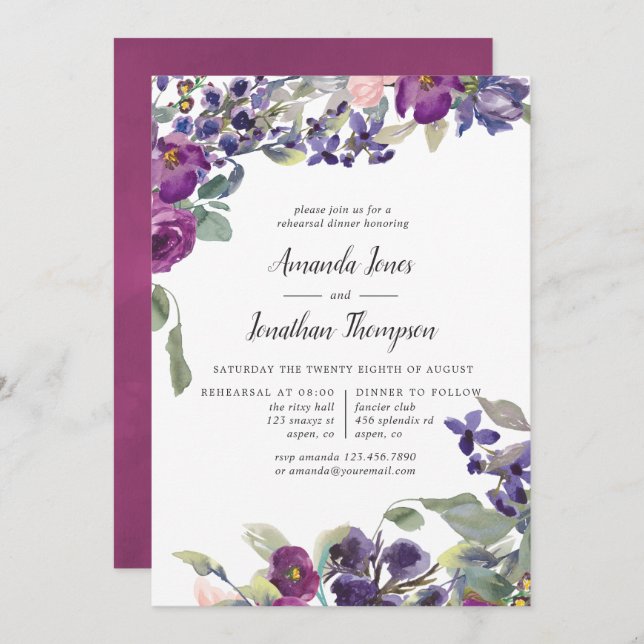 Violet and Plum Floral Rehearsal Dinner invitation (Front/Back)