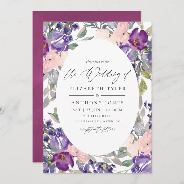 Violet and Plum Floral Wedding Invitation (Front/Back)