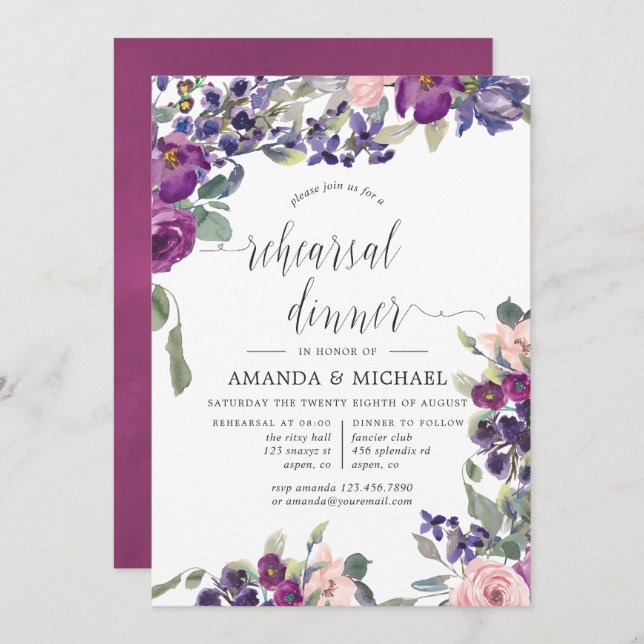 Violet and Plum Floral Wedding Rehearsal Dinner Invitation (Front/Back)