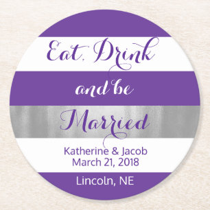 Violet and White Striped Wedding Paper Coaster 2
