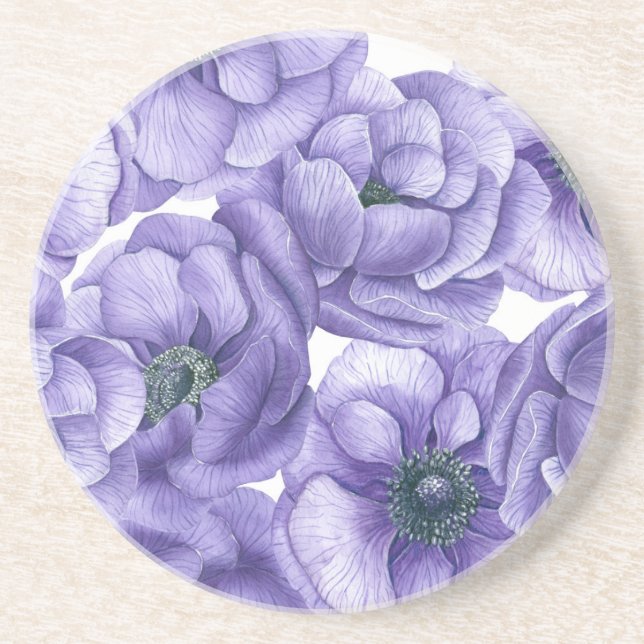 Violet anemone flowers watercolor pattern coaster (Front)