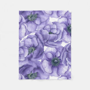 Violet anemone flowers watercolor pattern fleece blanket