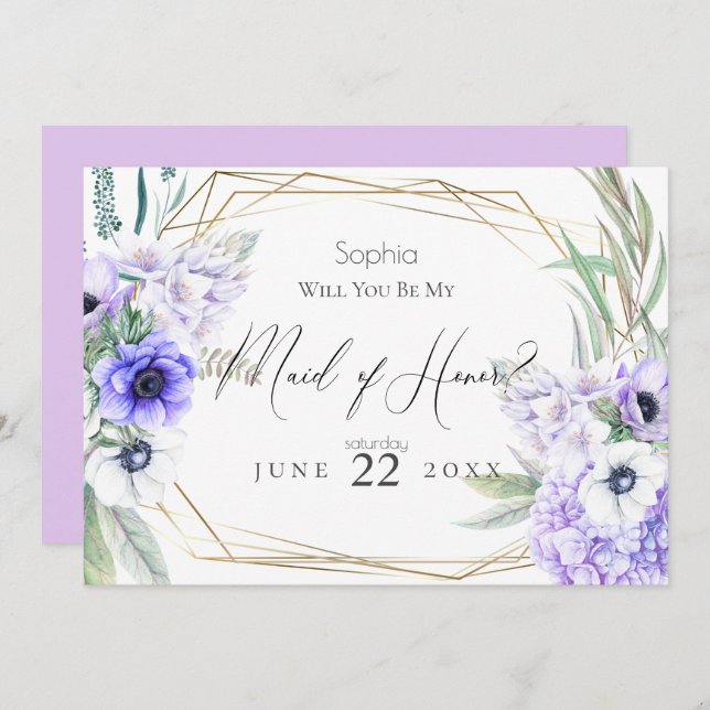 Violet Anemones Will You Be My Maid of Honour Invitation (Front/Back)