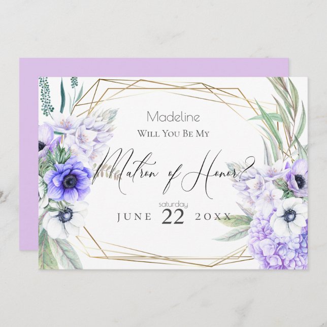 Violet Anemones Will You Be My Matron of Honour Invitation (Front/Back)