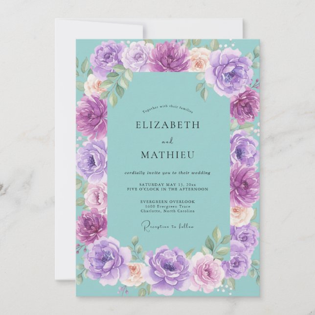 Violet Aqua Bloom Wedding Invitation (Front)