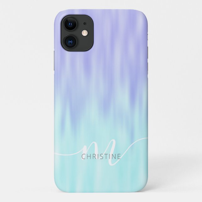 Violet Aqua Blue Pastel Ombre Chic Script Monogram Case-Mate iPhone Case (Back)
