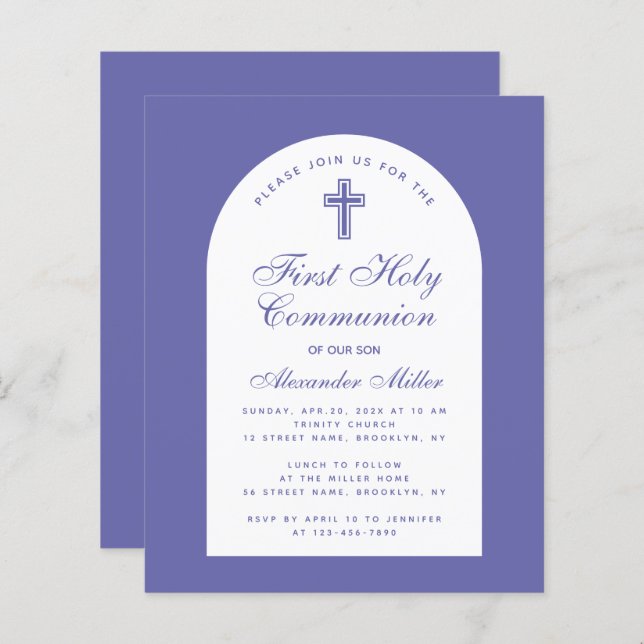 Violet Arch First Holy Communion Budget Invitation (Front/Back)