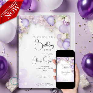 Violet Balloons and Peony Floral QR Birthday Invitation