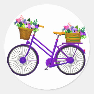 Violet Bicycle With Basket Of Flowers - Classic Round Sticker