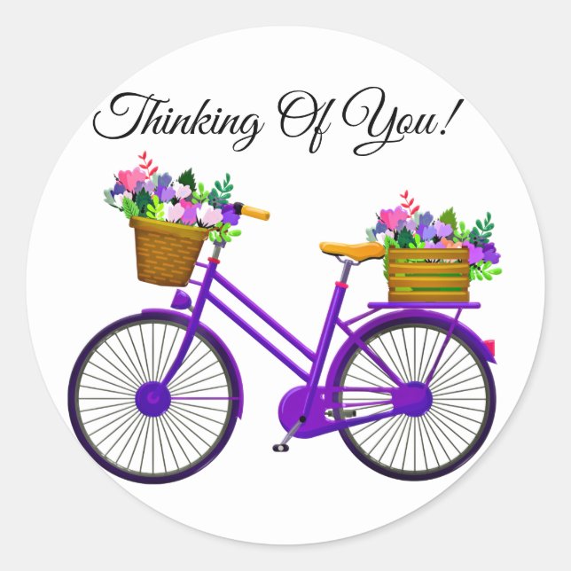 Violet Bicycle With Basket Of Flowers Classic Round Sticker (Front)