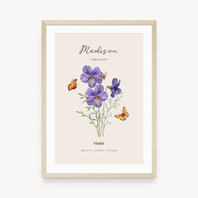 Violet Birth Month Flower Poster (Example of violet birth flower poster once framed. )
