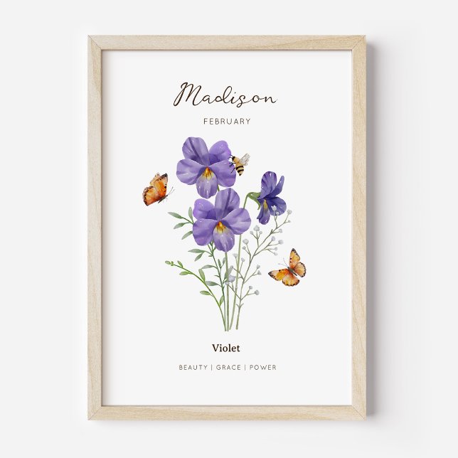 Violet Birth Month Flower Poster (Example of violet birth flower poster once framed. )