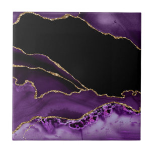 Violet Black Marble Agate Dark Glamour Golden Ceramic Tile