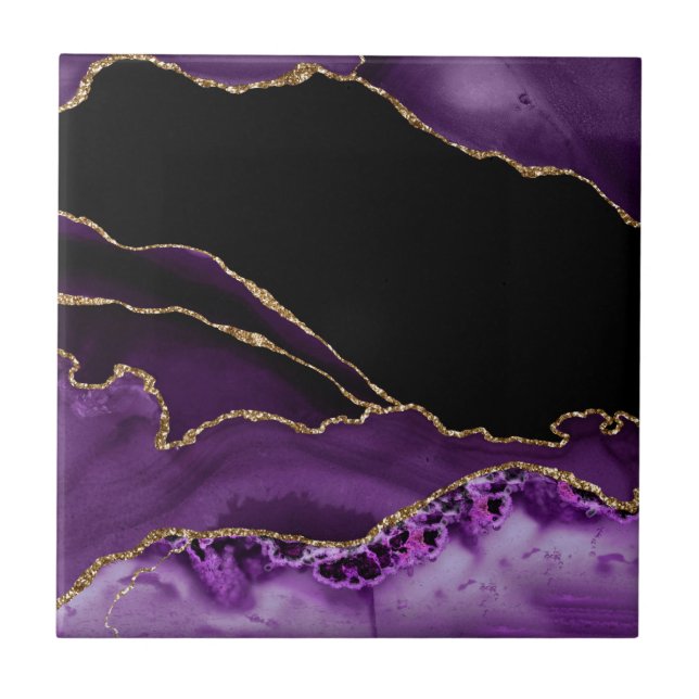 Violet Black Marble Agate Dark Glamour Golden Ceramic Tile (Front)