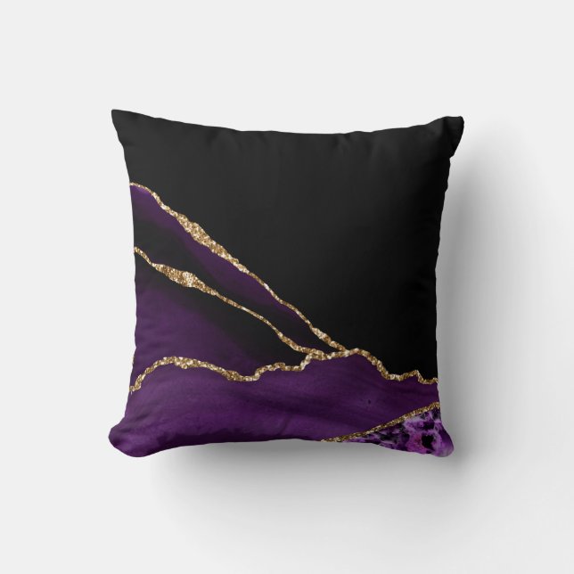 Violet Black Marble Agate Dark Glamour Golden Cushion (Front)