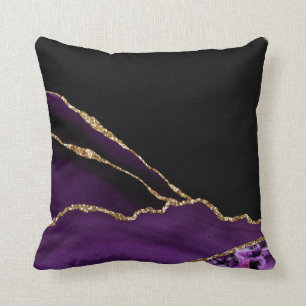 Violet Black Marble Agate Dark Glamour Golden Cushion