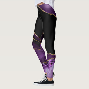 Violet Black Marble Agate Dark Glamour Golden Leggings