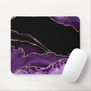 Violet Black Marble Agate Dark Glamour Golden Mouse Pad
