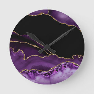 Violet Black Marble Agate Dark Glamour Golden Round Clock