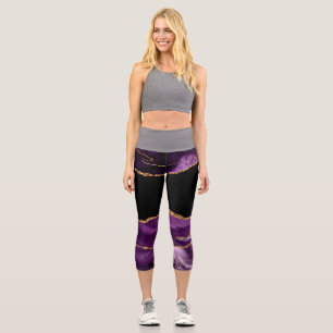 Violet Black Marble Agate Glam Golden Glitter Capri Leggings