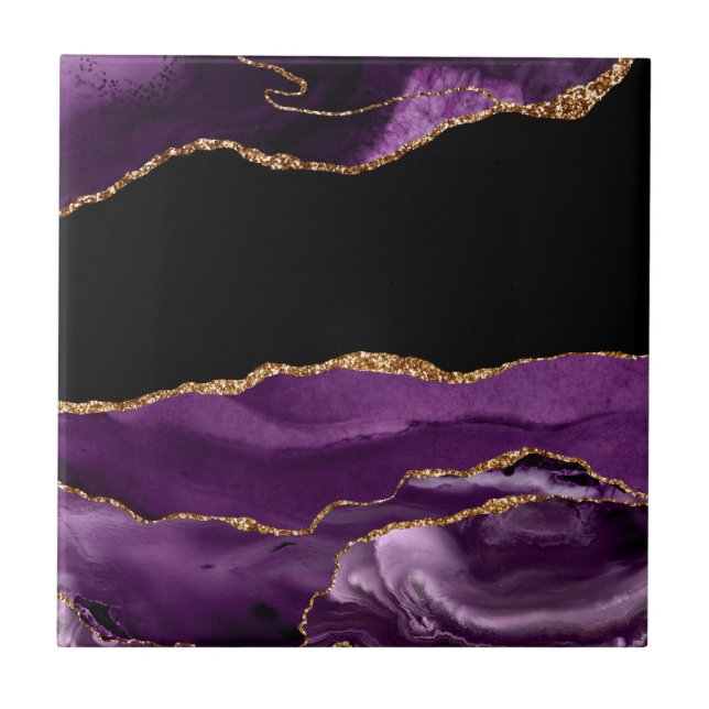 Violet Black Marble Agate Glam Golden Glitter Ceramic Tile (Front)