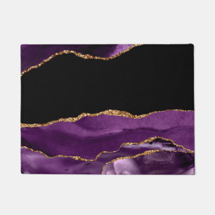 Violet Black Marble Agate Glam Golden Glitter Doormat