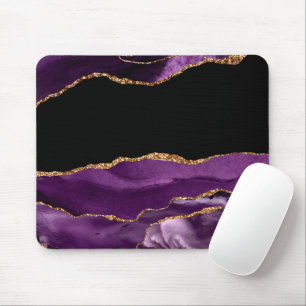 Violet Black Marble Agate Glam Golden Glitter Mouse Pad