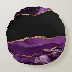 Violet Black Marble Agate Glam Golden Glitter Round Cushion