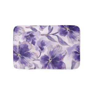 Violet Blooms Watercolor Purple Flowers Painted Bath Mat