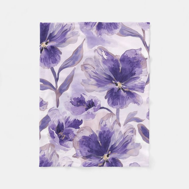 Violet Blooms Watercolor Purple Flowers Painted Fleece Blanket (Front)